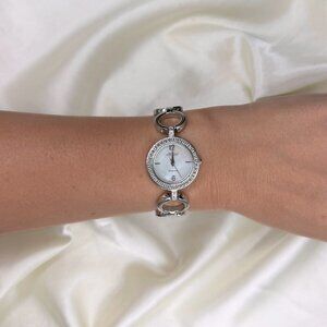 Halsted Silver Tone Bracelet Watch with Crystal Accents and Mother of Pearl Face